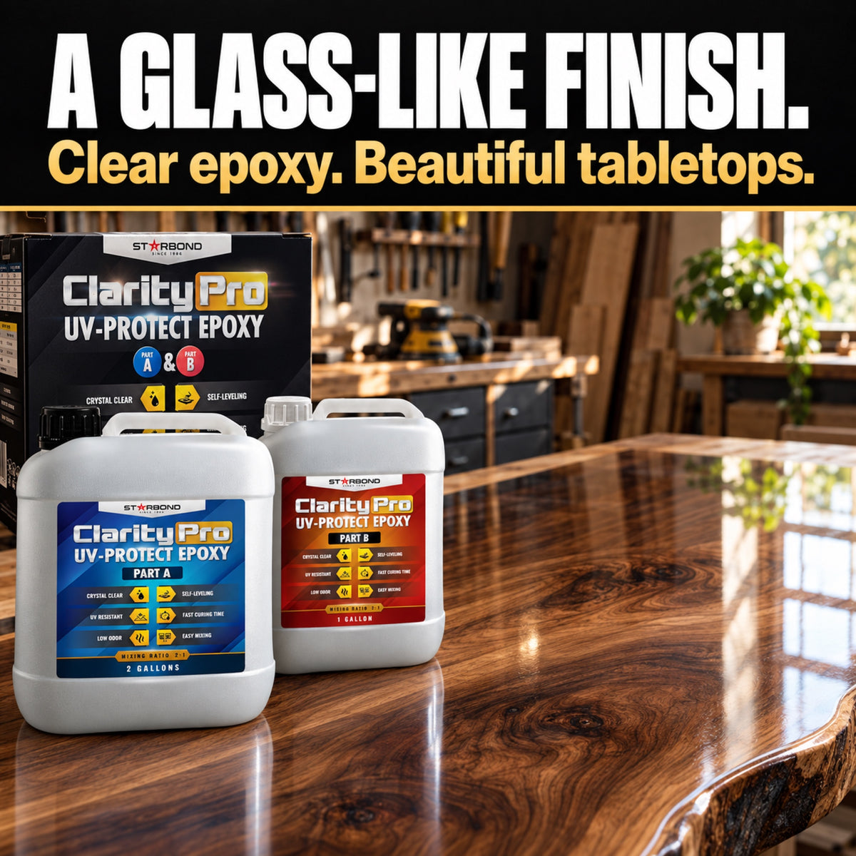 ClarityPro blue Part A and red Part B jugs beside an illustrative clear-coated glossy wood tabletop.