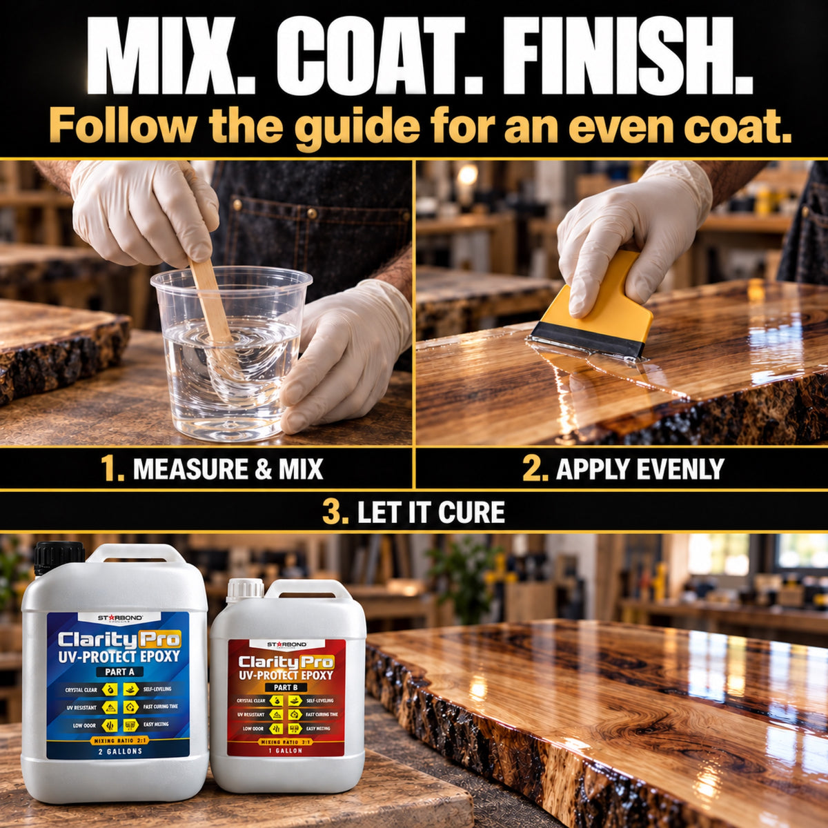 ClarityPro tabletop epoxy process: measure and mix, apply evenly, and let the coated tabletop cure.
