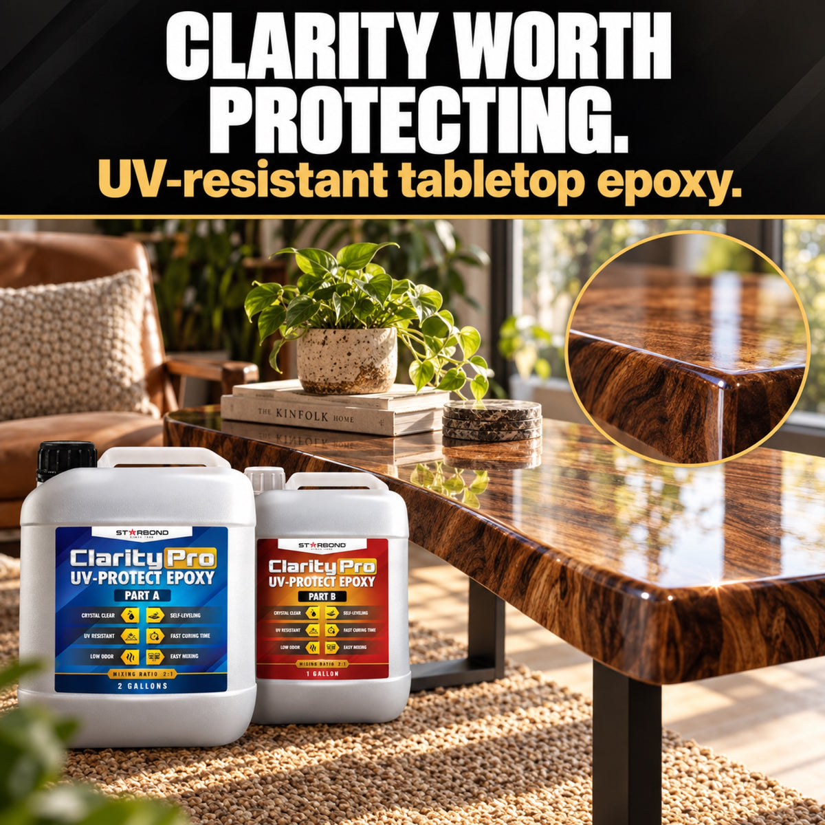 ClarityPro UV-resistant tabletop epoxy jugs beside a glossy wooden table in a sunlit room.