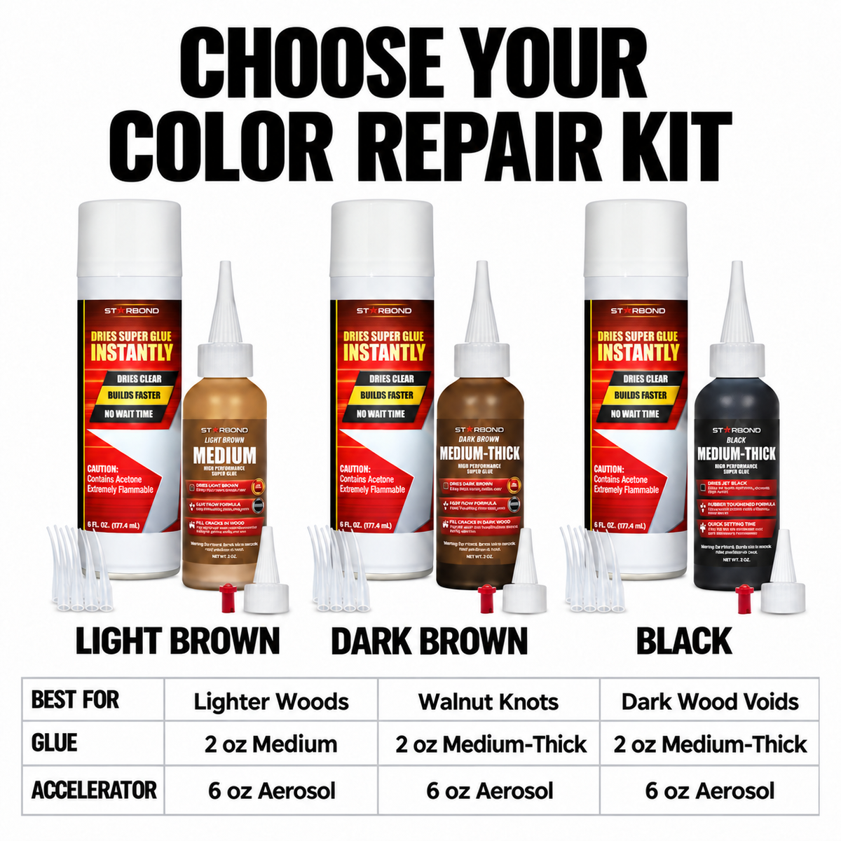 Choose Your Color Repair Kit. Light Brown, Dark Brown and Black kits; each includes 2 oz glue and 6 oz aerosol accelerator.