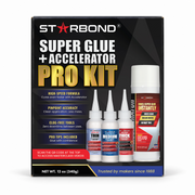 Starbond Super Glue and Accelerator Pro Kit packaging with 2 oz each Thin, Medium and Thick Super Glue plus 6 oz Aerosol Accelerator.