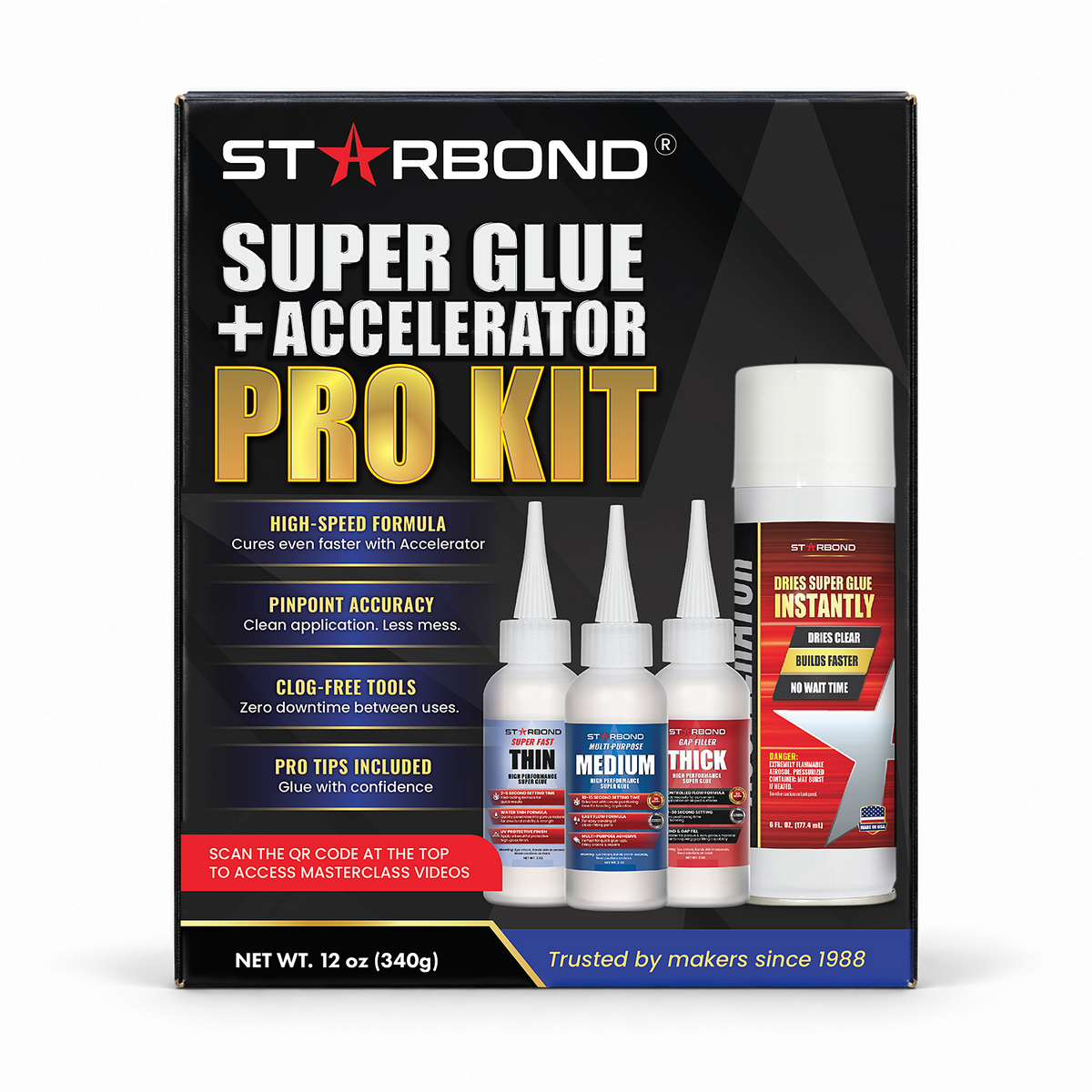 Starbond Super Glue and Accelerator Pro Kit packaging with 2 oz each Thin, Medium and Thick Super Glue plus 6 oz Aerosol Accelerator.
