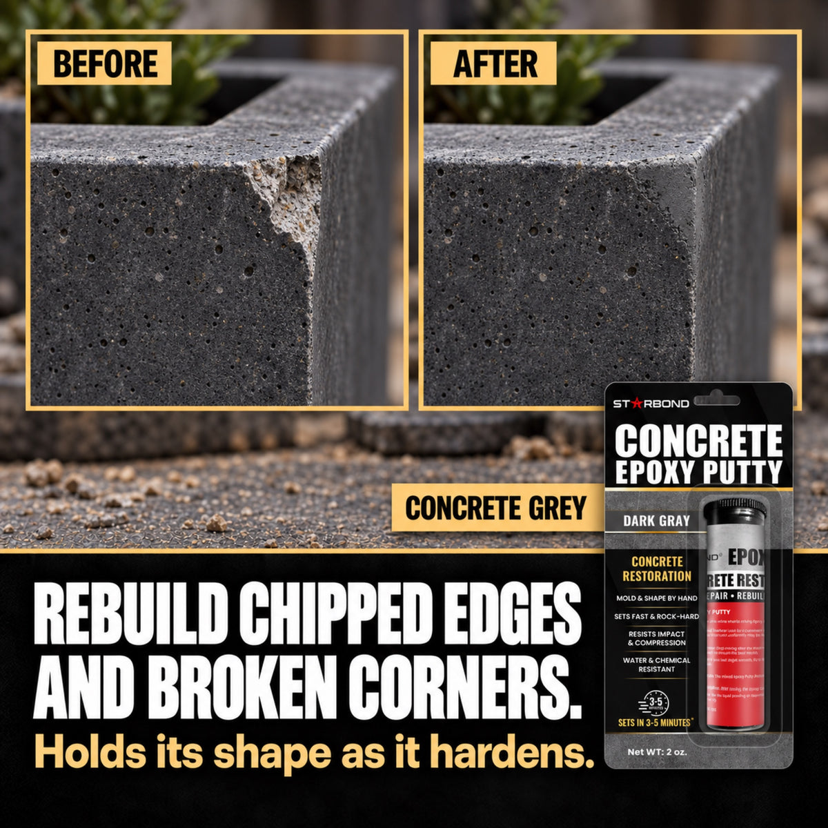Starbond CONCRETE GREY epoxy putty chipped corner repair illustration with matching product packaging.