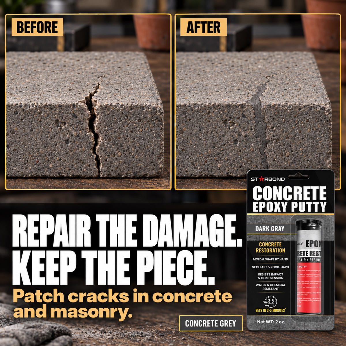 Starbond CONCRETE GREY epoxy putty crack repair illustration with matching product packaging.