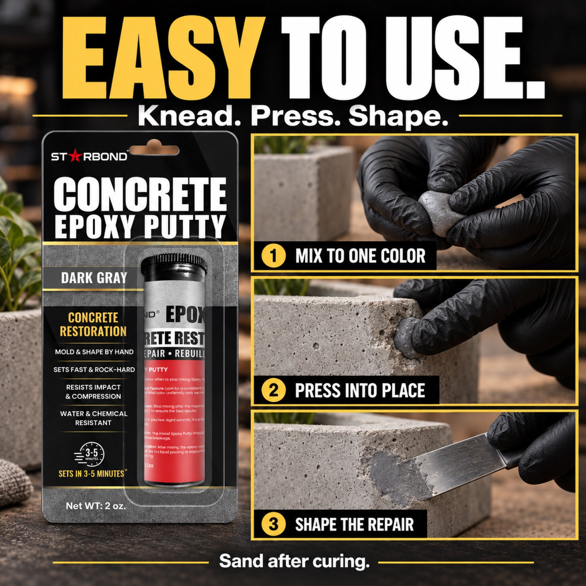 Starbond Concrete Grey epoxy putty. Easy to Use infographic illustrating mixing, pressing and shaping a repair.