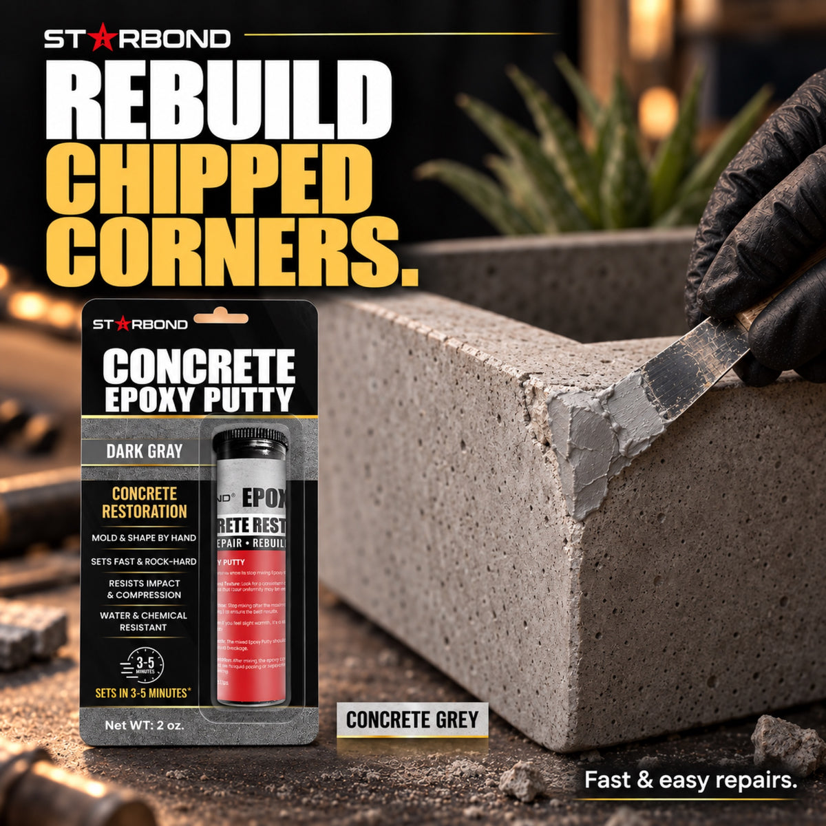 Starbond Concrete Grey epoxy putty. Rebuild Chipped Corners infographic with an illustrated application.