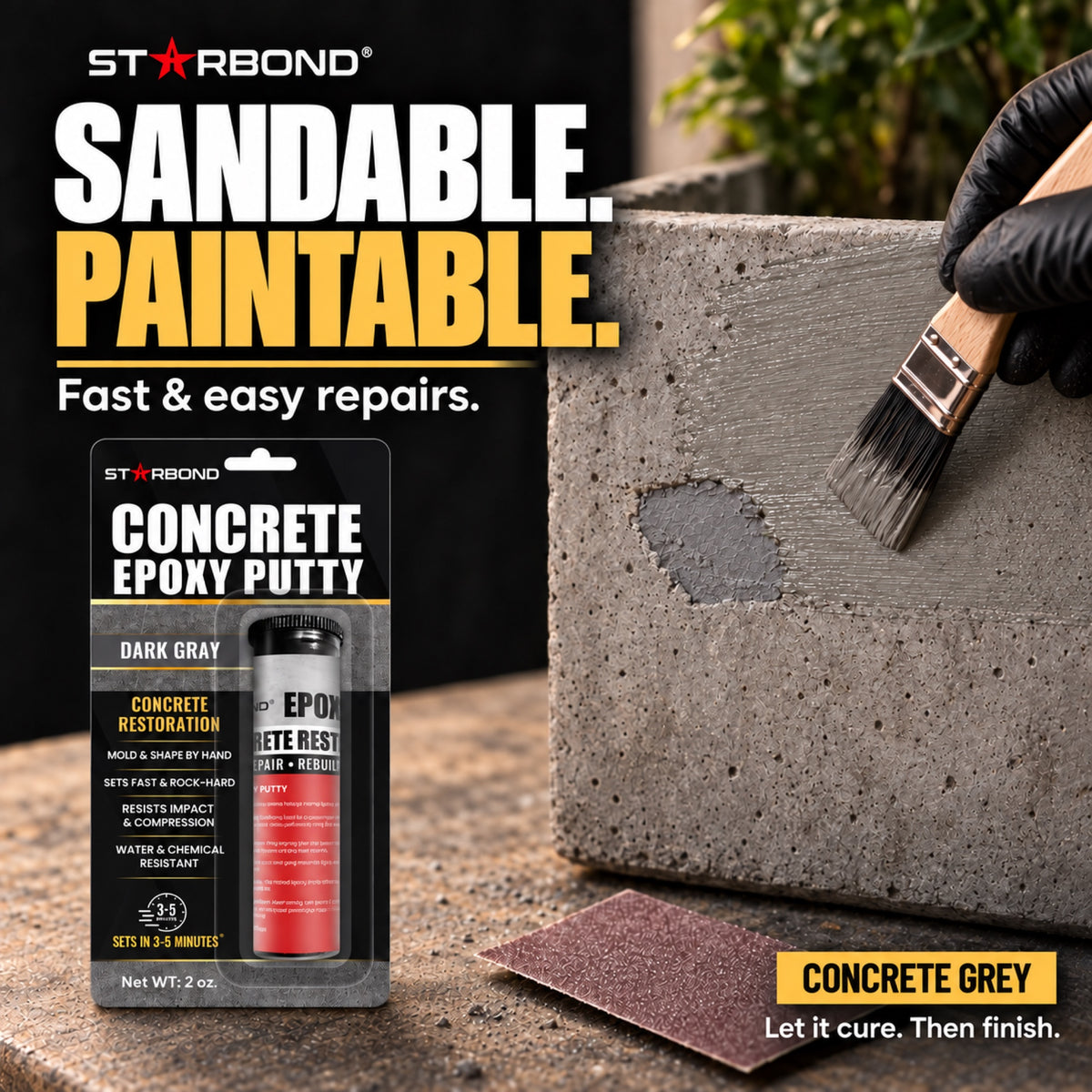 Starbond Concrete Grey epoxy putty. Sandable and Paintable infographic illustrating a repair painted to match the surrounding surface.