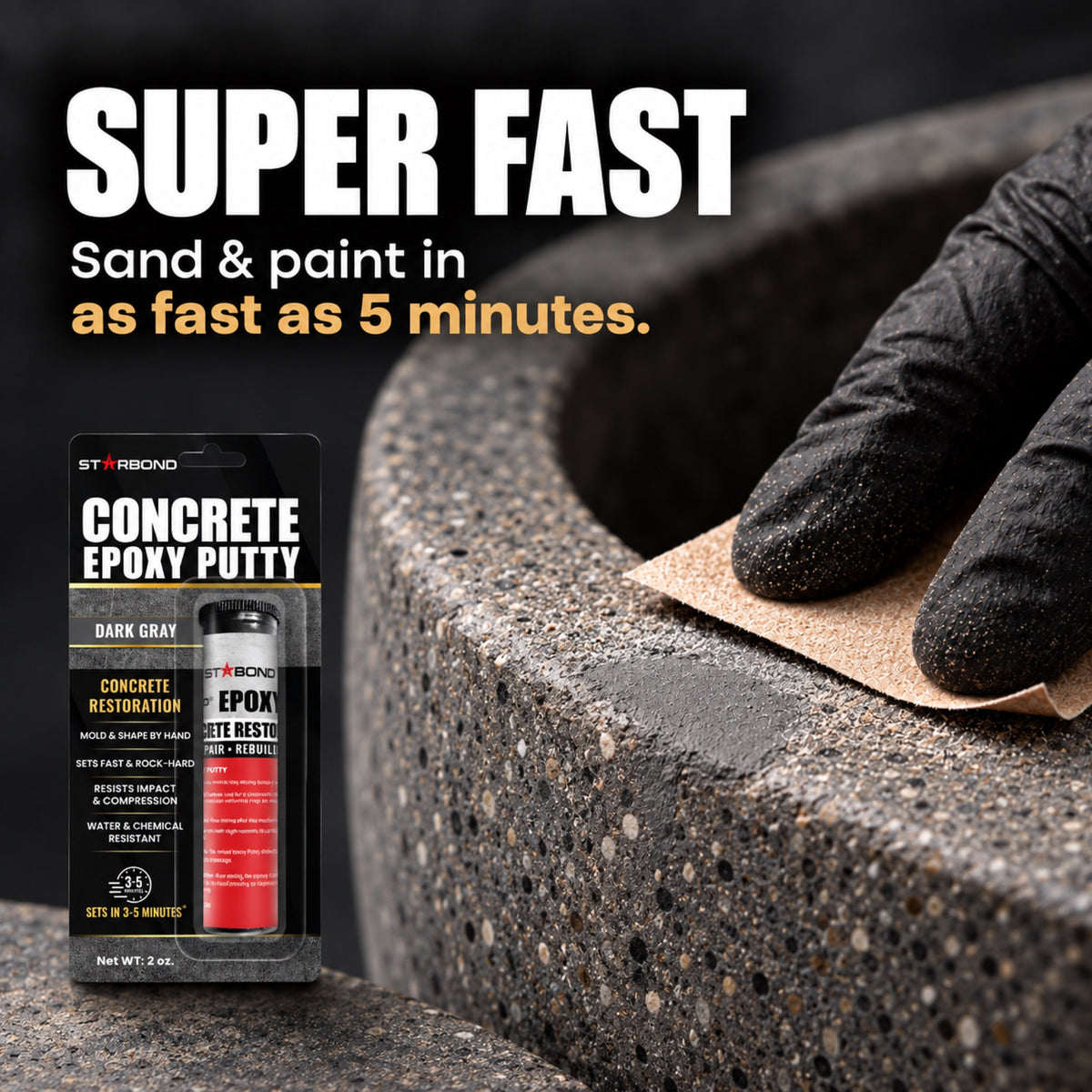 Starbond Concrete Grey epoxy putty beside a close-up illustration of a gloved hand sanding a matching repair.