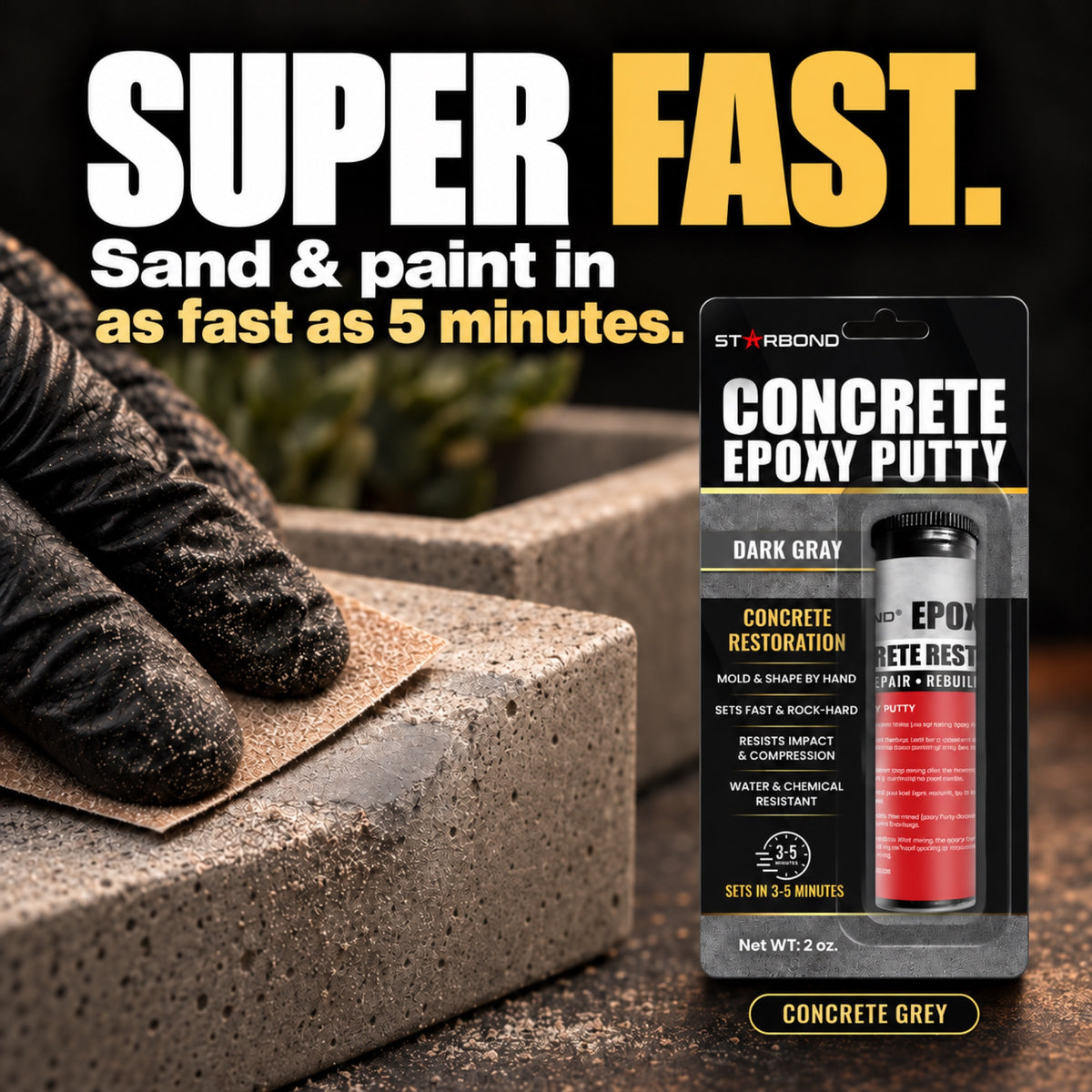 Starbond Concrete Grey epoxy putty. Super Fast infographic with an illustrated sanding demonstration.