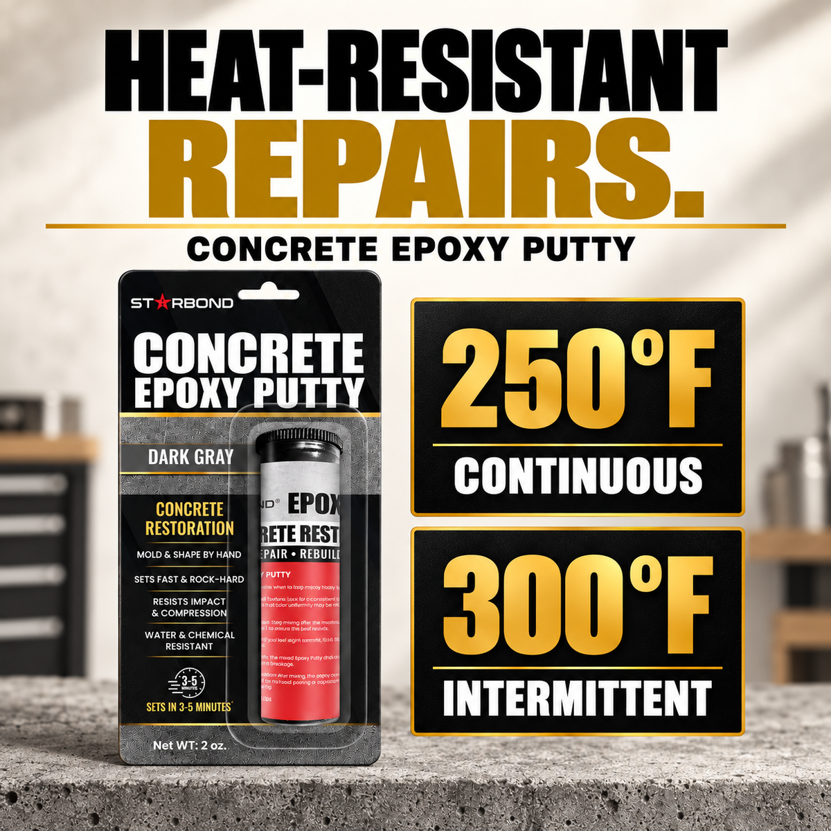 Starbond Concrete Grey epoxy putty in its retail blister packaging beside two bold temperature panels: 250°F continuous and 300°F intermittent, under the headline Heat-resistant repairs.