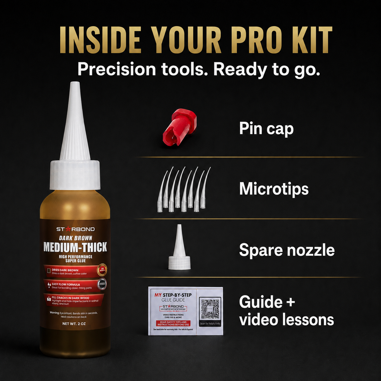 Inside the Starbond Dark Brown Medium-Thick 2 oz Pro Kit: pin cap, microtips, spare nozzle, and guide with video lessons.