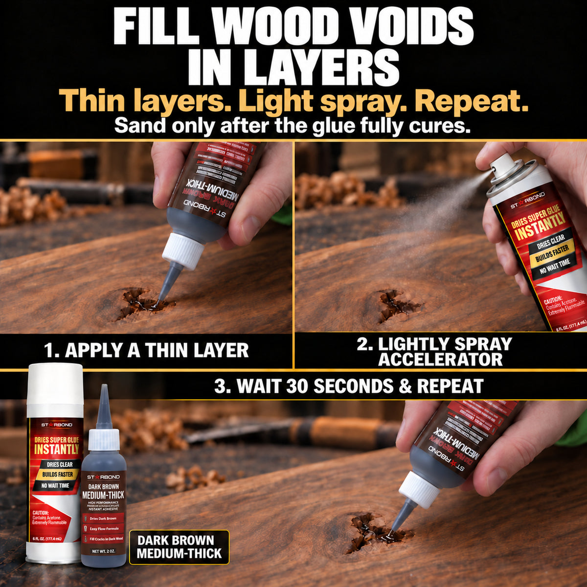 Dark Brown Medium-Thick CA glue instructions: apply a thin layer, lightly spray accelerator, wait 30 seconds and repeat. Sand only after the glue fully cures.