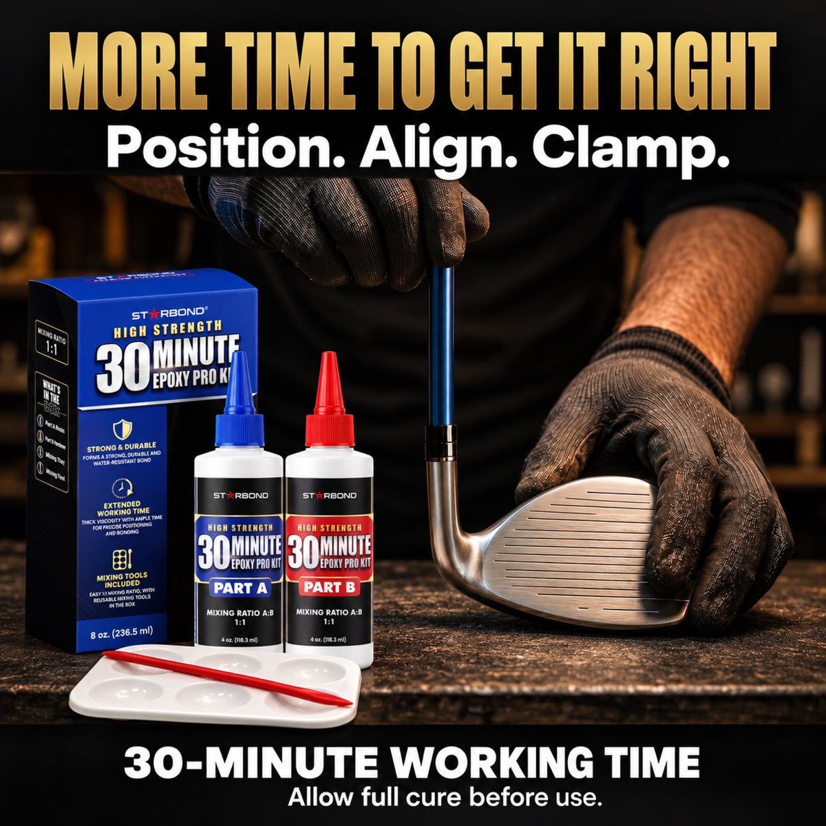 Starbond 30-Minute Epoxy golf shaft assembly infographic with positioning, alignment and working-time guidance.