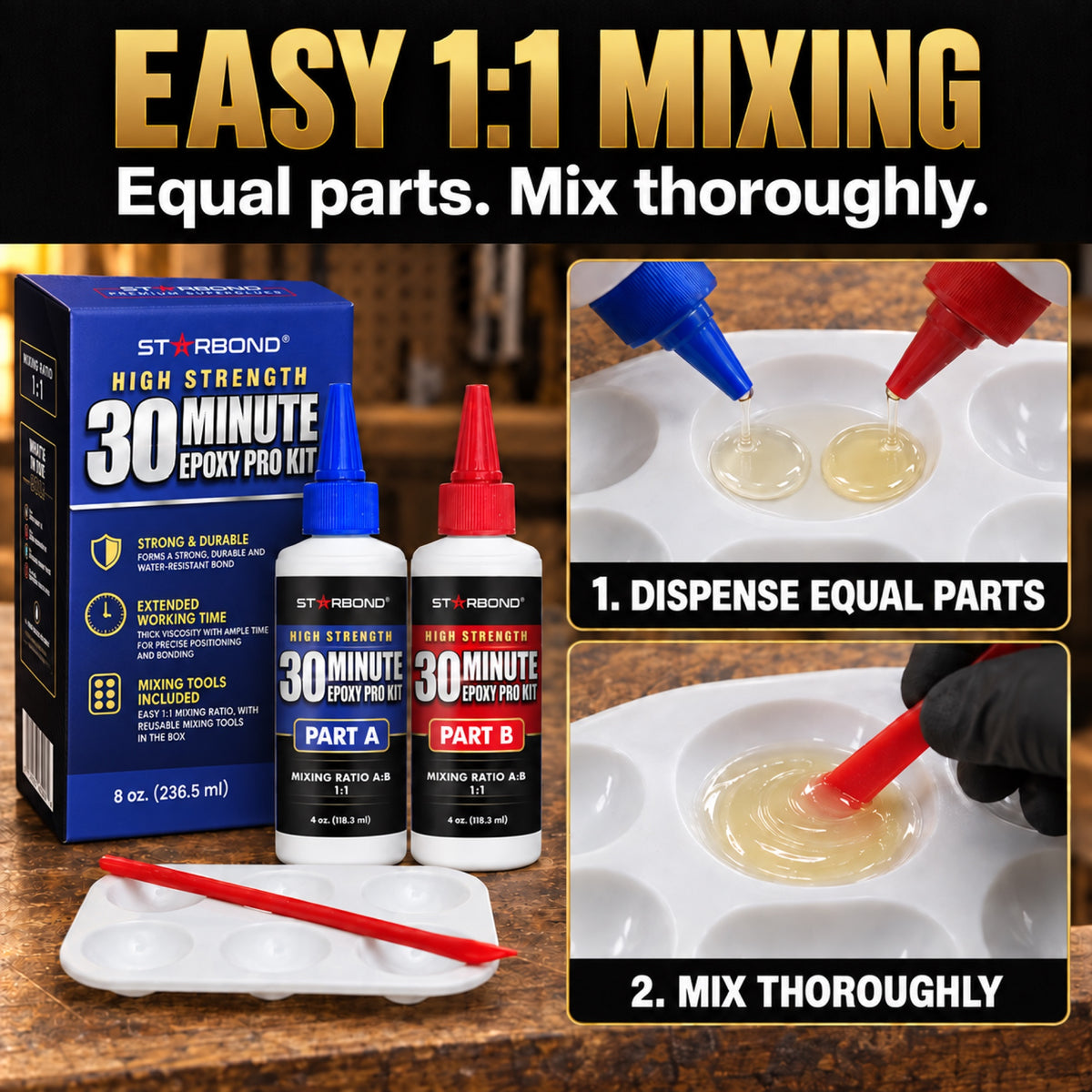 Starbond 30-Minute Epoxy Part A and Part B with two steps showing equal dispensing and thorough mixing in a palette.