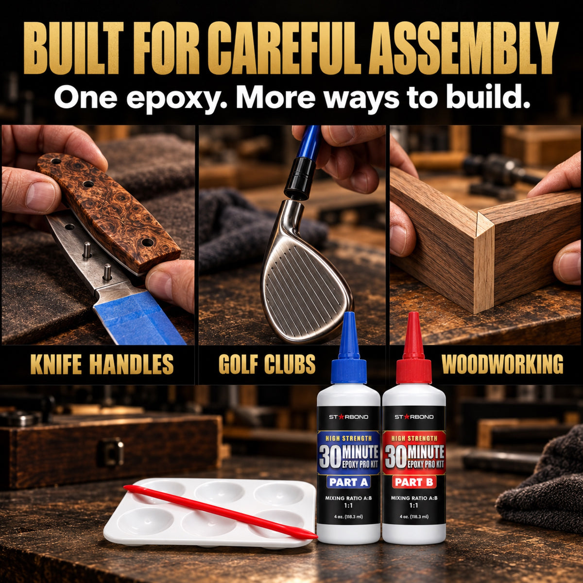 Starbond 30-Minute Epoxy application examples for knife handles, golf club shafts and woodworking joints.