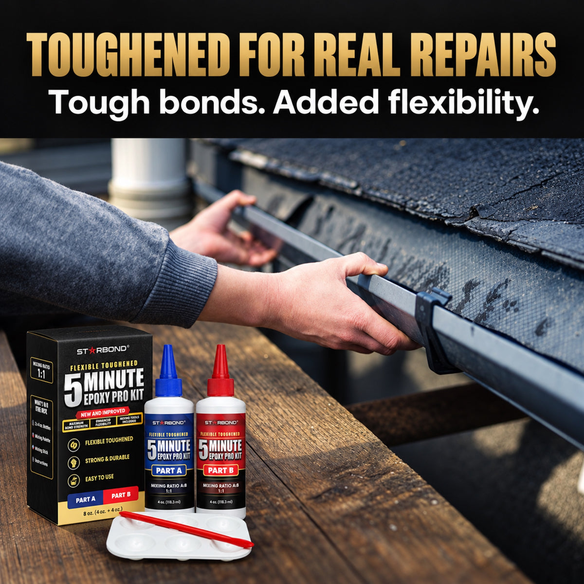 Starbond 5-Minute Flexible Toughened Epoxy kit beside a gutter repair application.