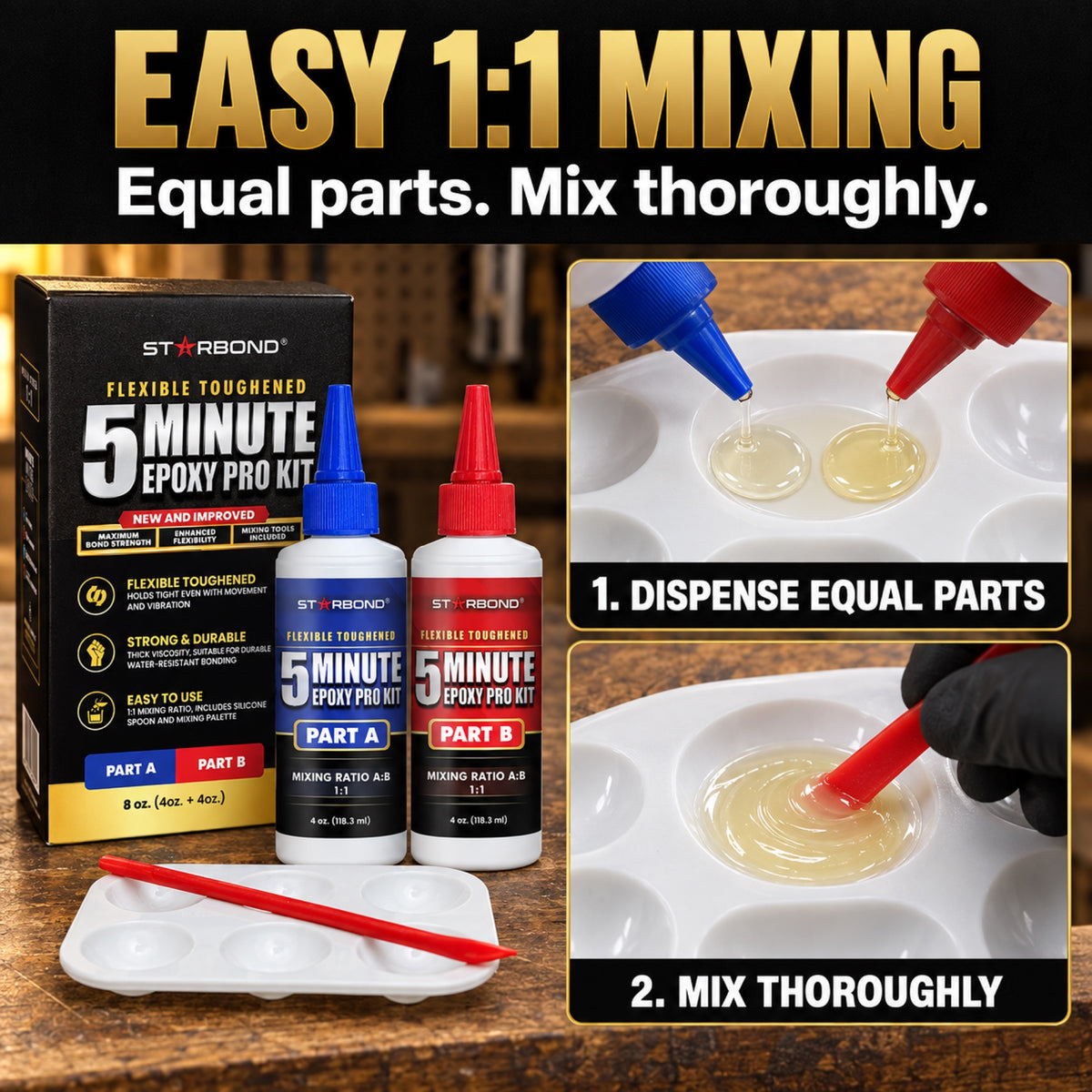 Starbond 5-Minute Epoxy Part A and Part B with two steps showing equal dispensing and thorough mixing in a palette.