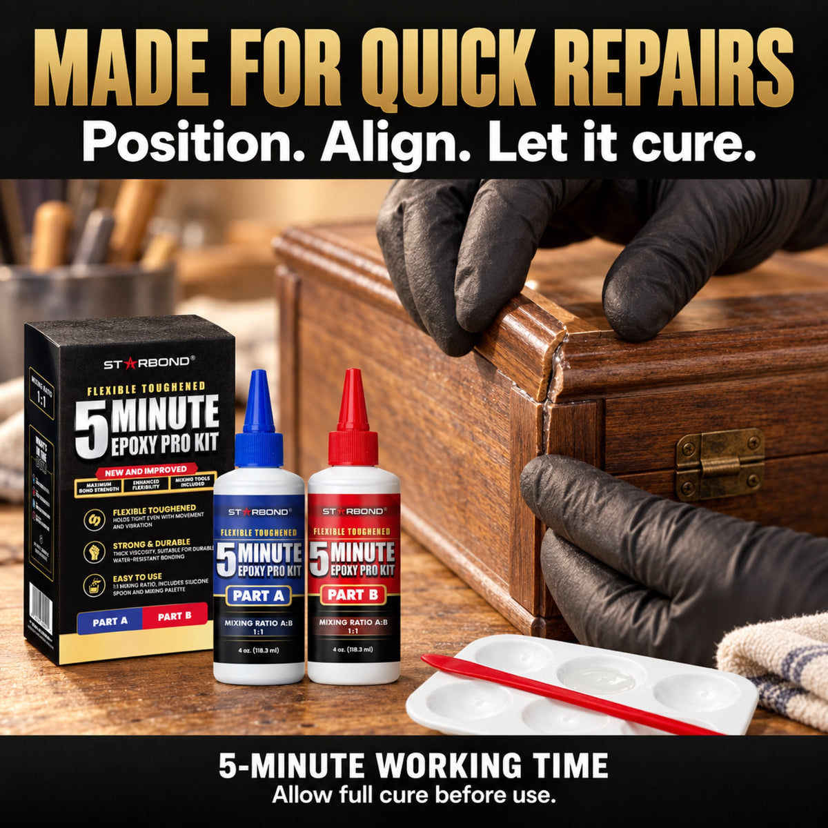 Illustration of Starbond 5-Minute Epoxy repairing wooden box trim, with working time distinguished from full cure.