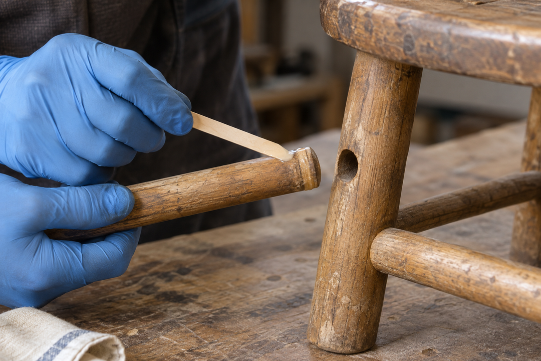 Gloved hands applying adhesive to a wooden stool rung before fitting it back into its joint.