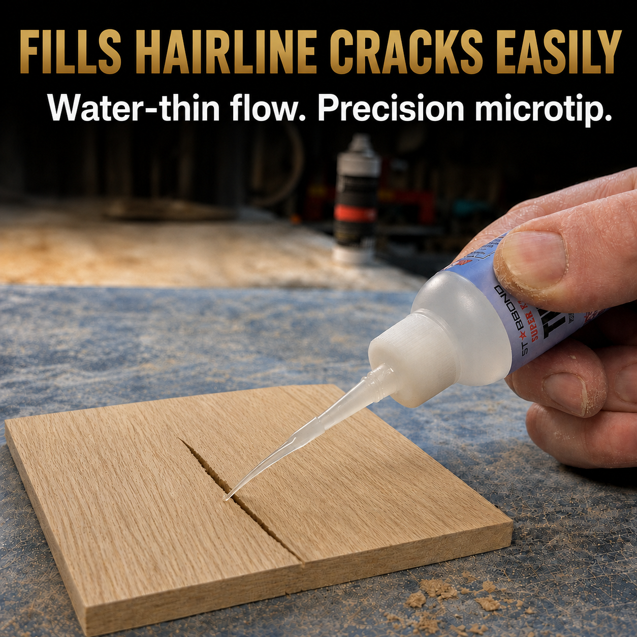 Starbond thin CA glue applied with a precision microtip to a wood crack. Fills hairline cracks easily. Water-thin flow. Precision microtip.