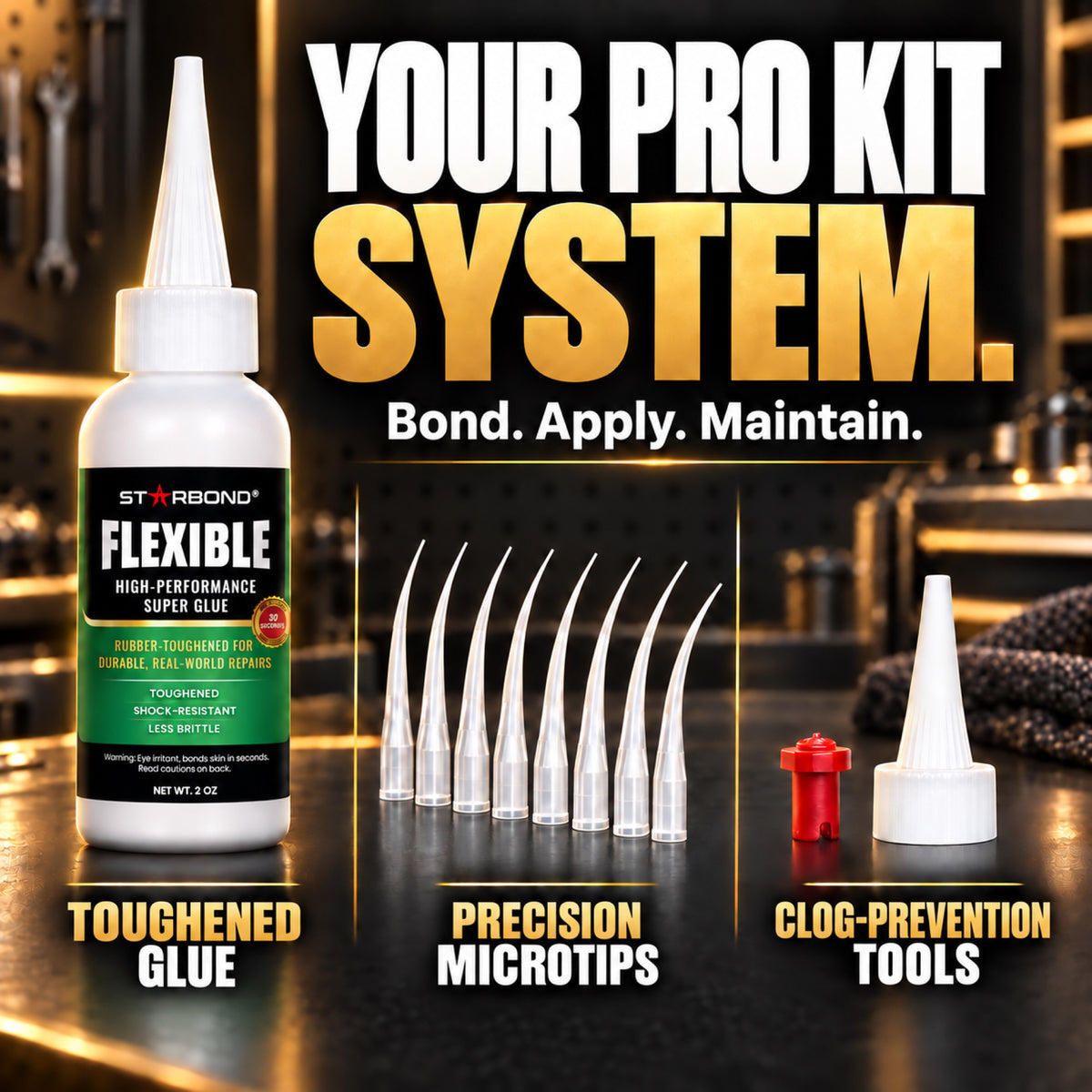 Starbond Flexible 2 oz glue with precision microtips, a pin cap and a spare nozzle.