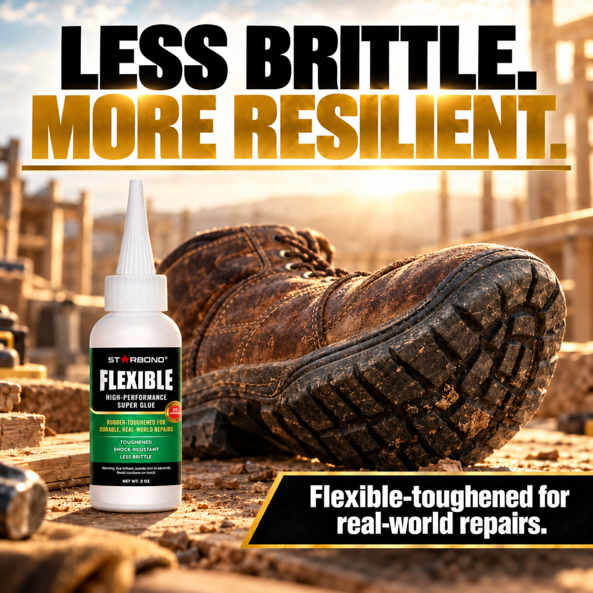 Starbond Flexible glue and a worn work boot in a sunlit jobsite setting.