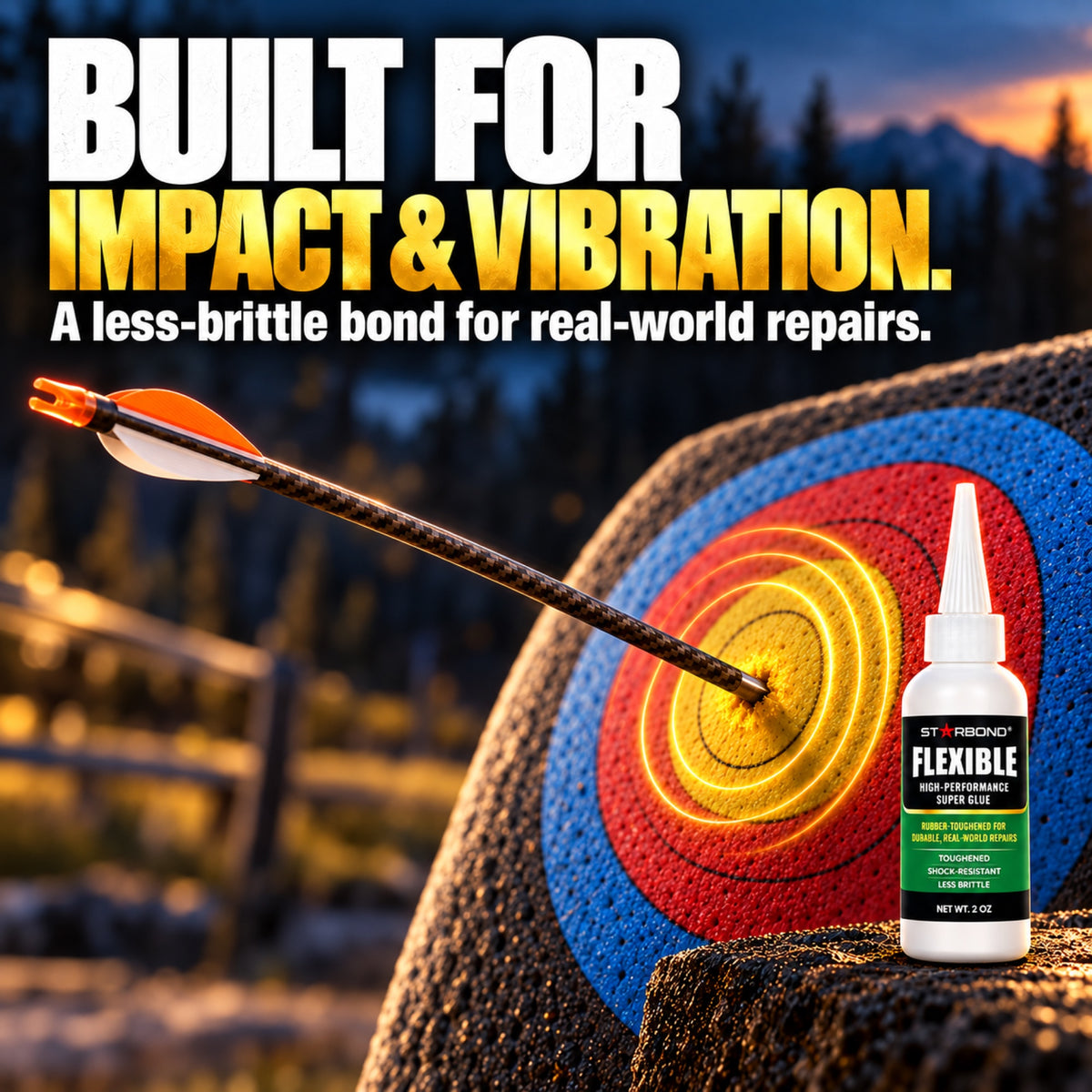 A carbon arrow with visible vanes contacting an archery target, with gold impact waves and Starbond Flexible glue.