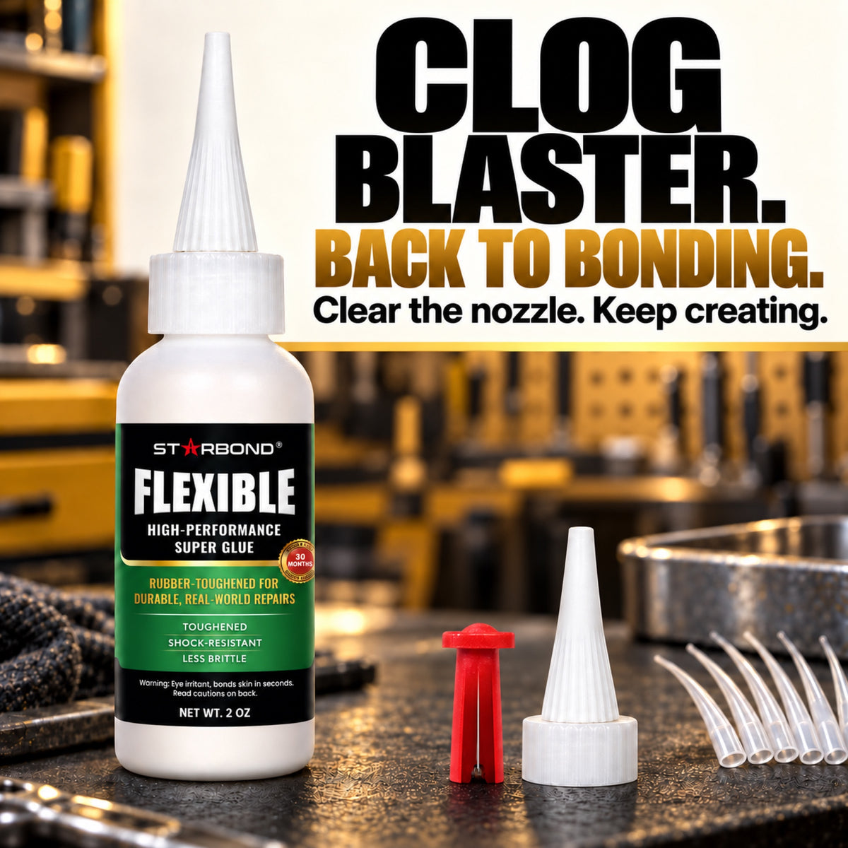Starbond Flexible glue with the small red Clog Blaster pin cap, spare nozzle and precision microtips.