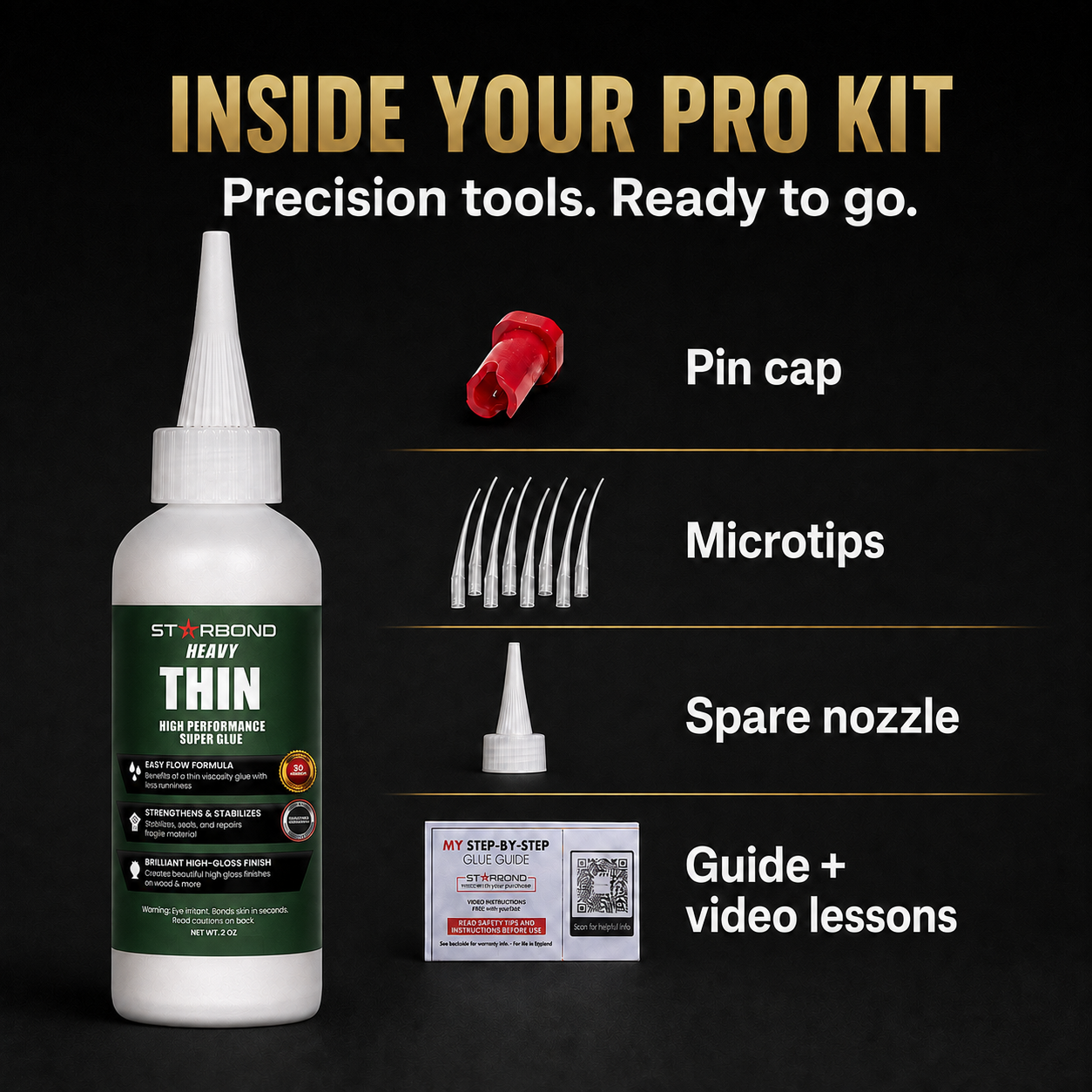 Inside the Starbond heavy thin 2 oz Pro Kit: pin cap, microtips, spare nozzle, and guide with video lessons.