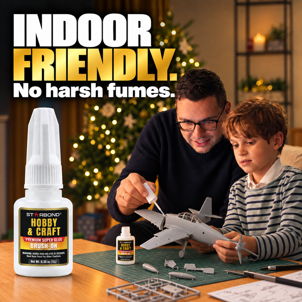 Illustrative indoor scene of a father applying Starbond Hobby & Craft Brush-On glue while building a model airplane with his son.