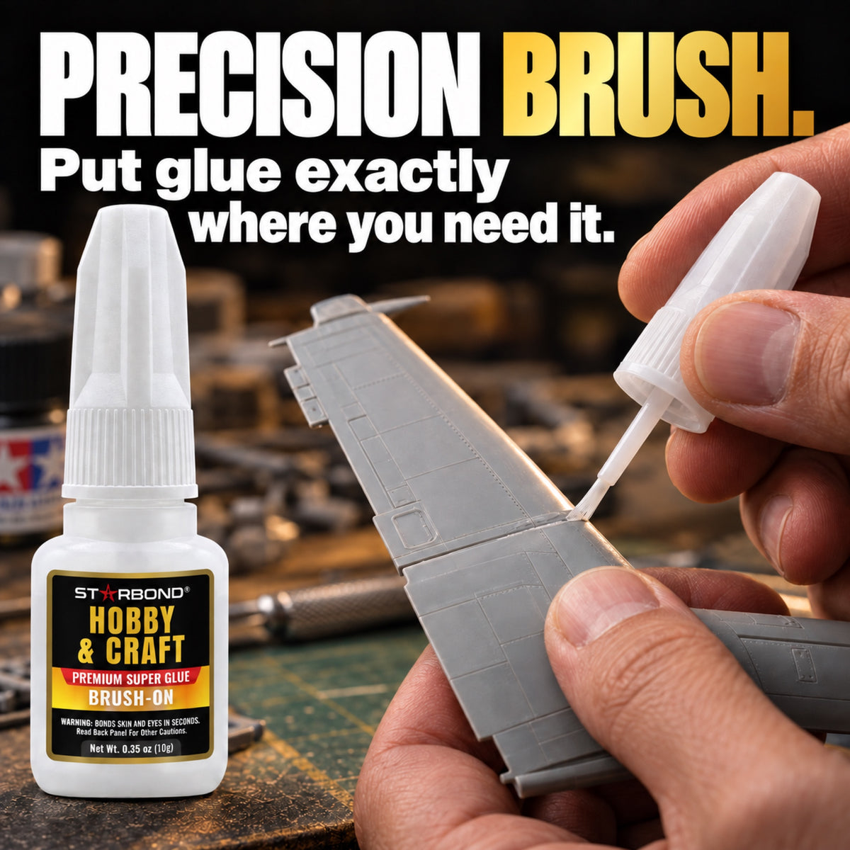 Starbond Hobby & Craft Brush-On glue applied precisely along a model airplane joint with its built-in brush.