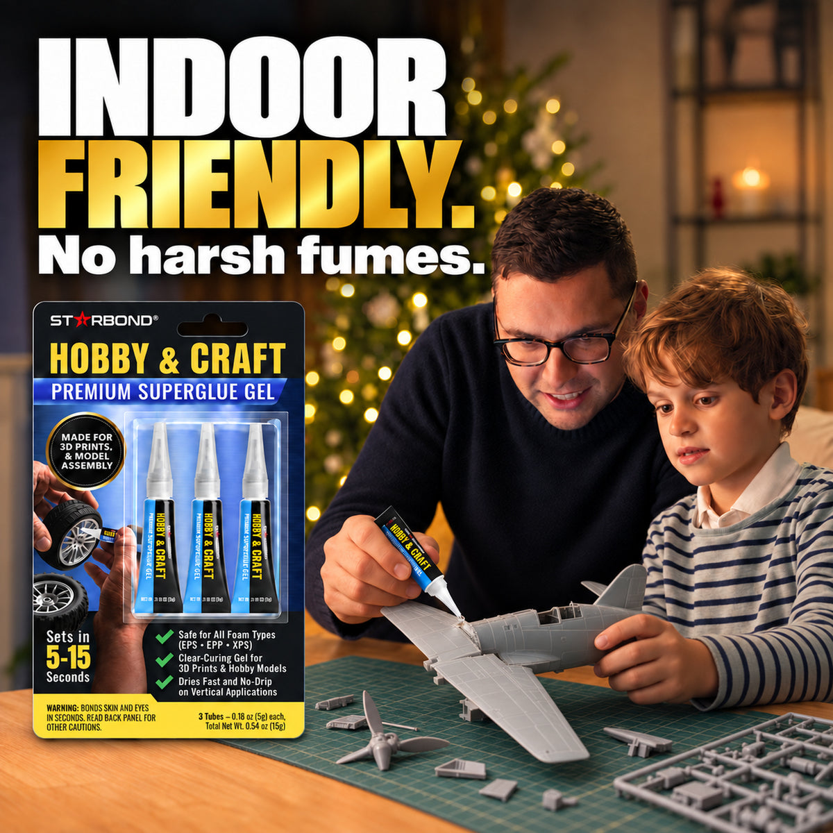 Illustrative indoor scene of a father applying Starbond Hobby & Craft Gel while building a model airplane with his son.