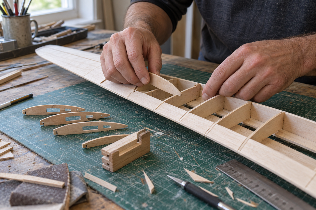Hands carefully assembling a balsa-wood model airplane wing on a craft workbench.