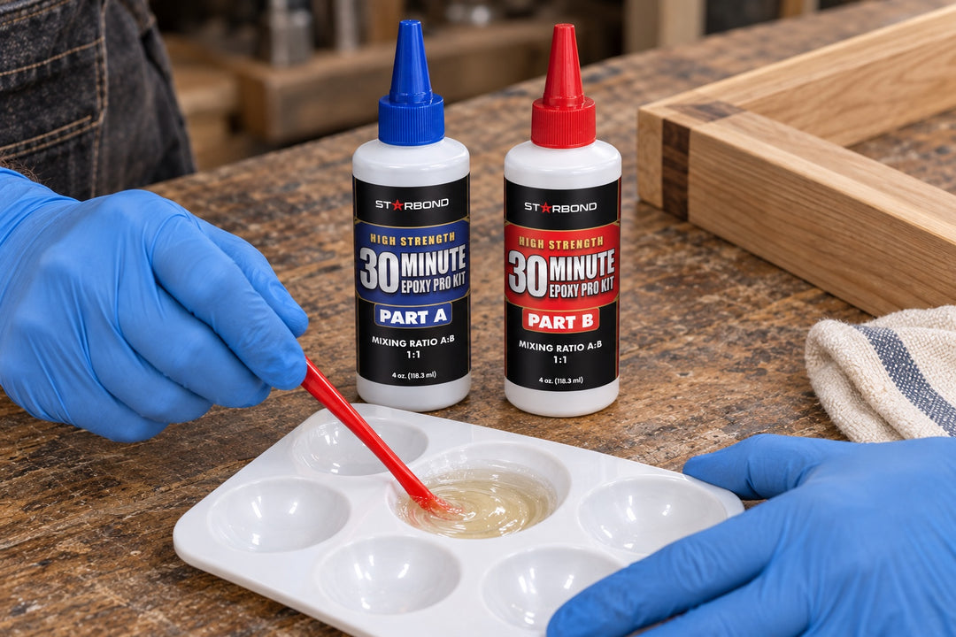 Gloved hands applying adhesive to a wooden stool rung before fitting it back into its joint.