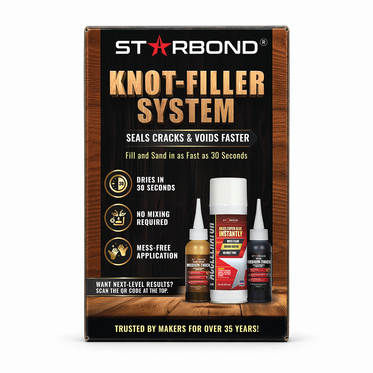 Starbond Knot-Filler System packaging with Dark Brown and Black Medium-Thick Super Glue plus 6 oz Aerosol Accelerator.