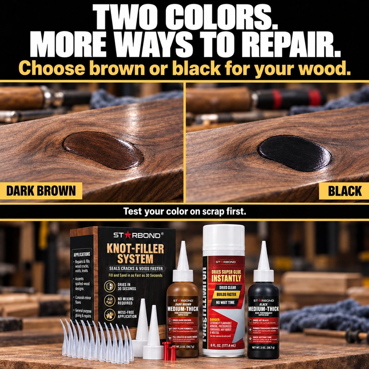 Starbond knot filler system with dark brown and black CA glue, aerosol accelerator and illustrated wood repairs. Test your color on scrap first.