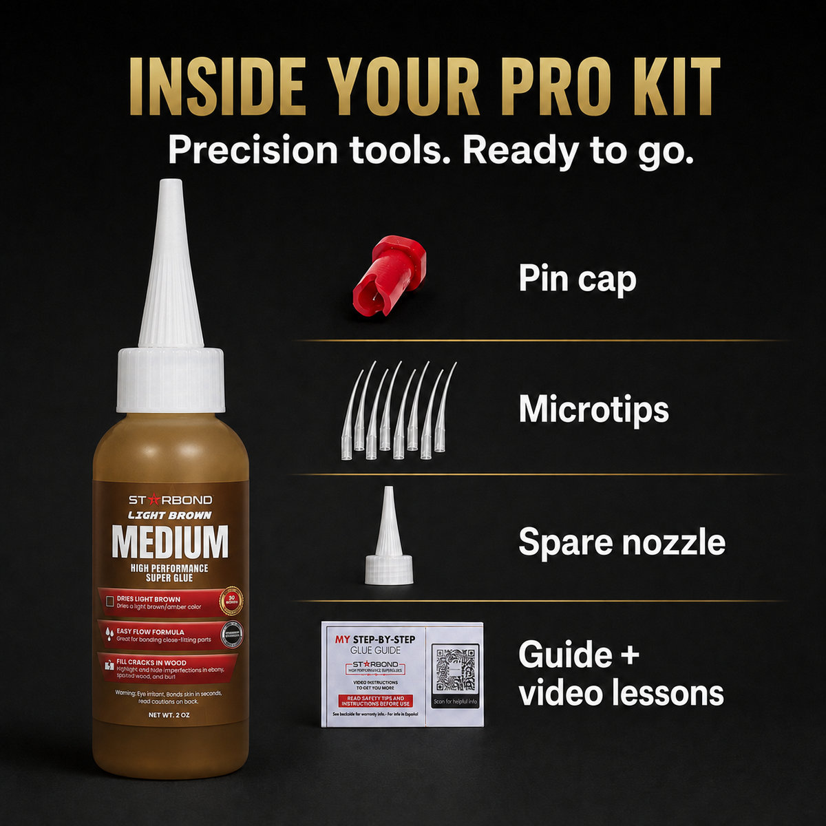 Inside the Starbond Light Brown Medium 2 oz Pro Kit: pin cap, microtips, spare nozzle, and guide with video lessons.