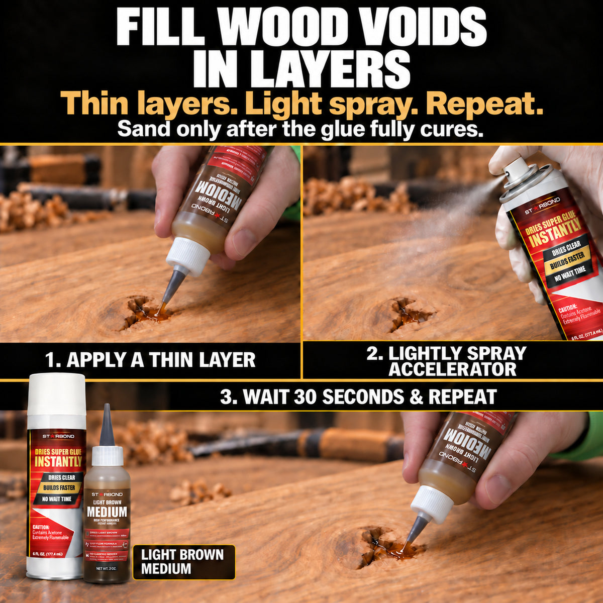 Light Brown Medium CA glue instructions: apply a thin layer, lightly spray accelerator, then wait 30 seconds and repeat. Sand only after glue fully cures.