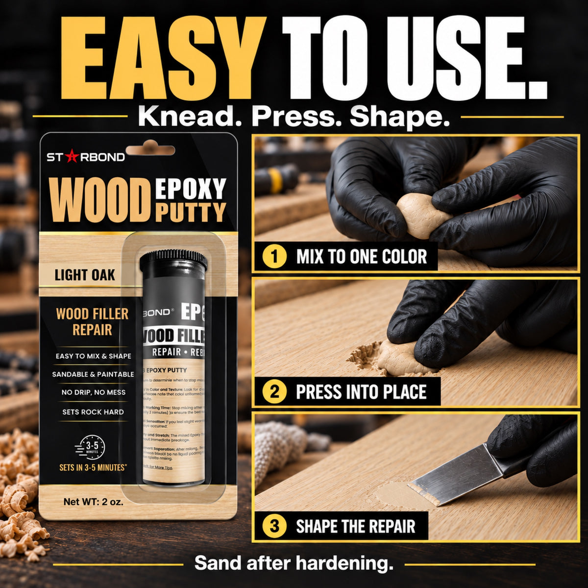 Starbond Light Oak epoxy putty. Easy to Use infographic illustrating mixing, pressing and shaping a repair.