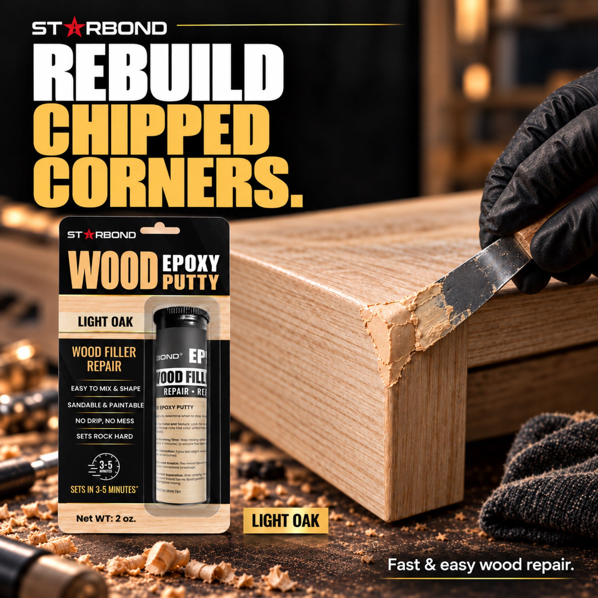 Starbond Light Oak epoxy putty. Rebuild Chipped Corners infographic with an illustrated application.