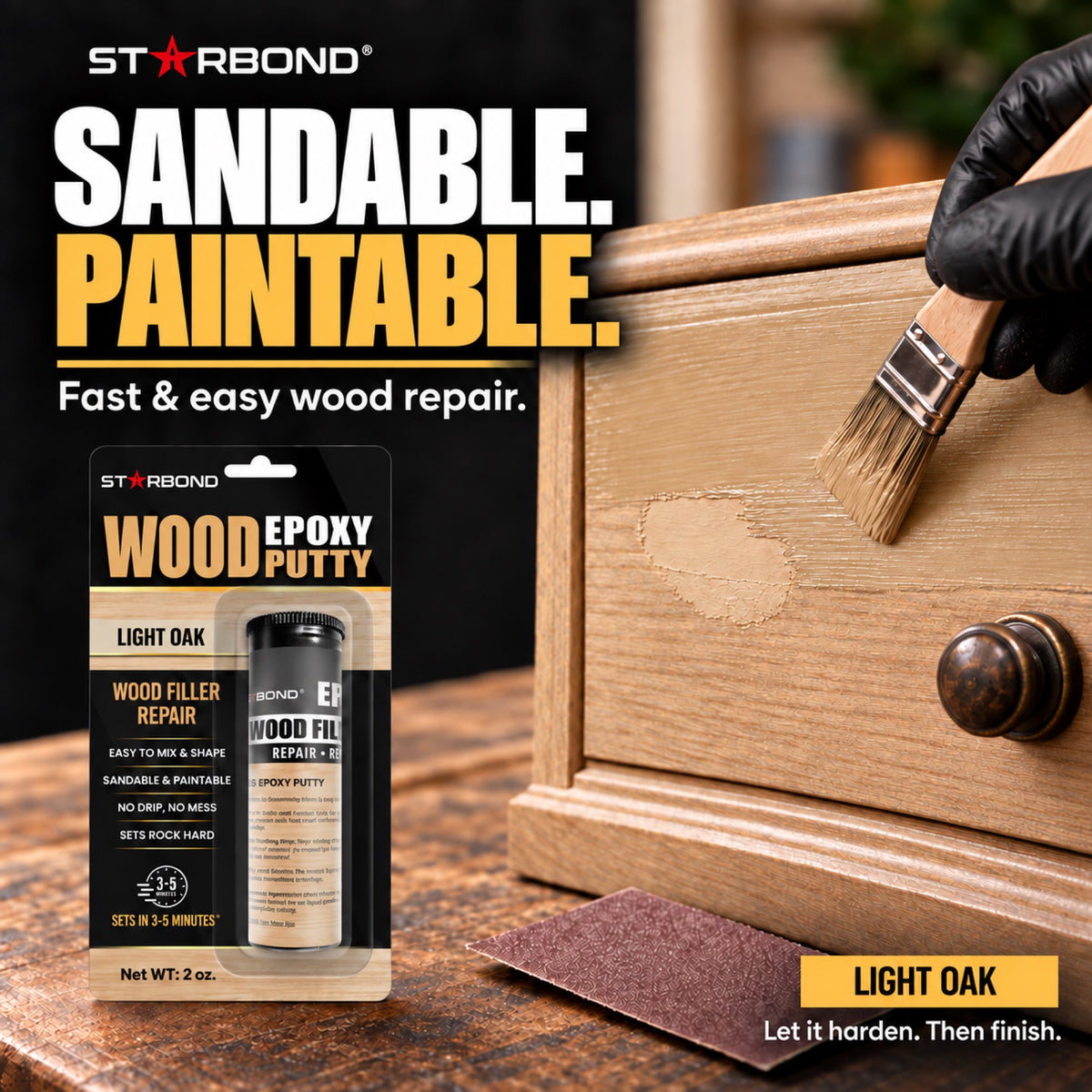 Starbond Light Oak epoxy putty. Sandable and Paintable infographic illustrating a repair painted to match the surrounding surface.