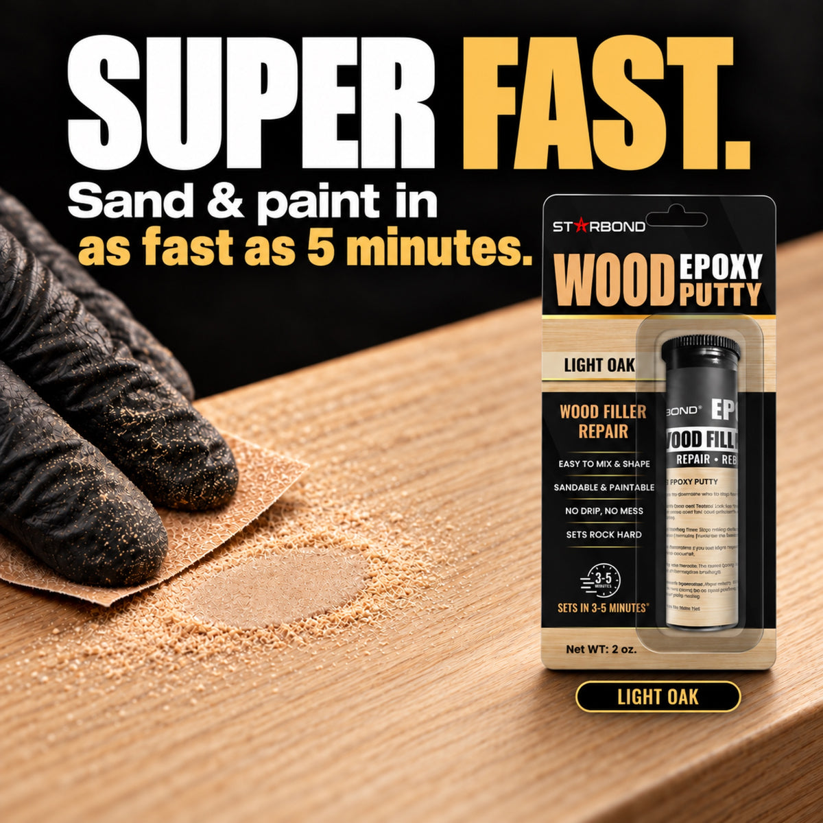 Starbond Light Oak epoxy putty. Super Fast infographic with an illustrated sanding demonstration.