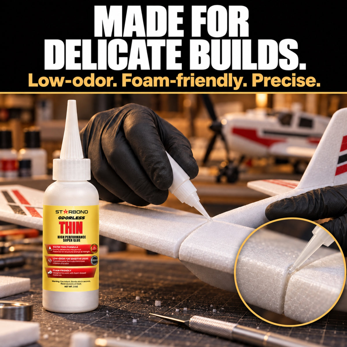 Low-Odor Thin CA Glue applied precisely to a foam model airplane joint.
