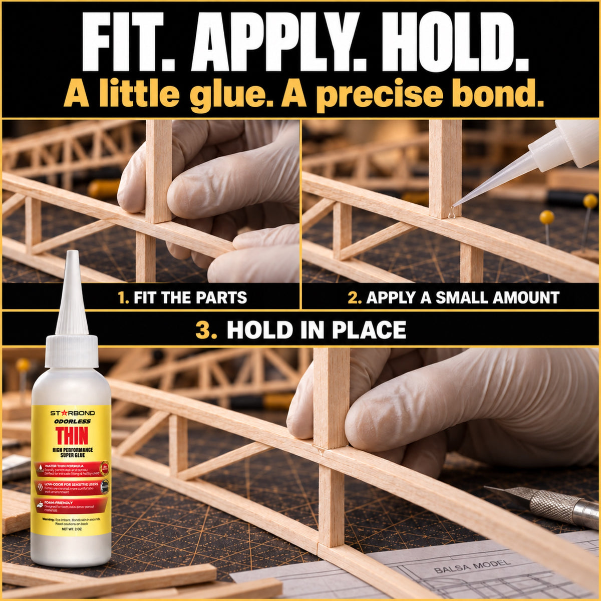 Three steps for a balsa model joint: fit the parts, apply a small amount of Low-Odor Thin CA Glue, and hold in place.