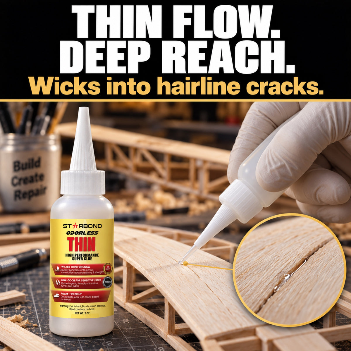 Fine nozzle applying Low-Odor Thin CA Glue to a hairline crack in light wood, with a close-up of the seam.