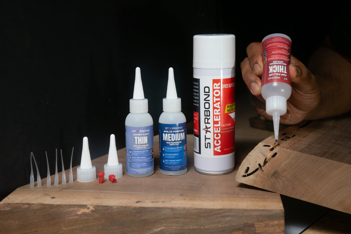 Starbond CA glue, accelerator, precision tips, and active wood repair demonstration