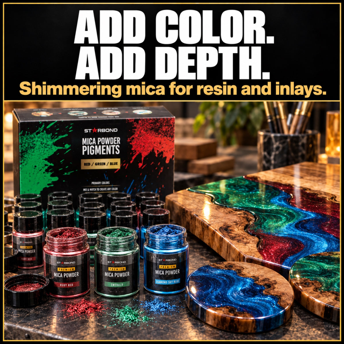 Starbond red, green, and blue mica pigments with colorful pearlescent resin craft pieces.