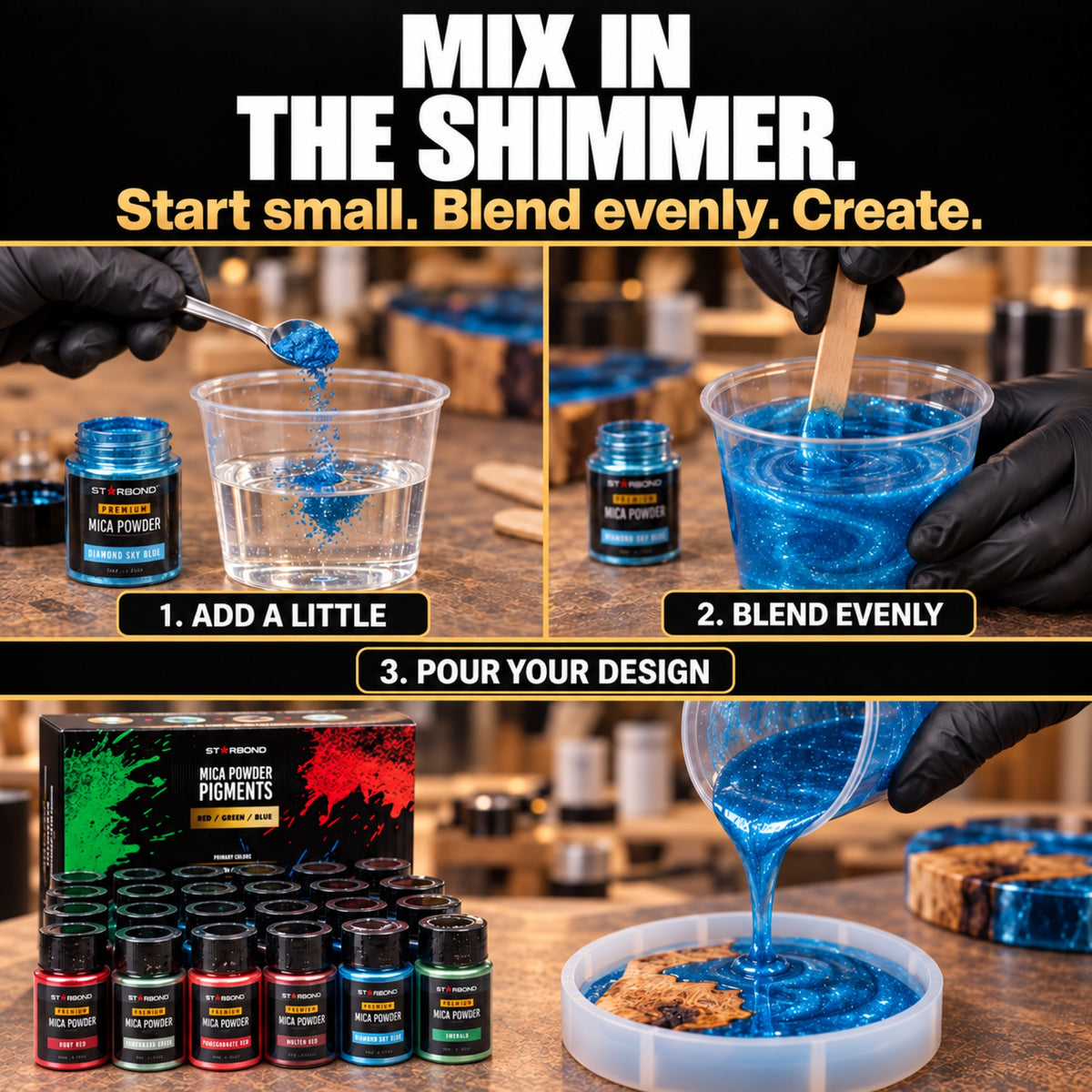 Mica pigment process: add a little powder to mixed resin, blend evenly, and pour a design.