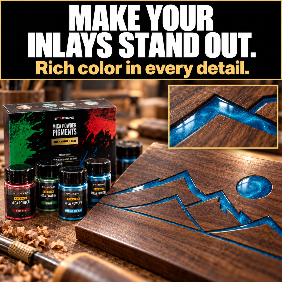 Glossy blue mica-colored epoxy filling a mountain-pattern wood inlay, with a reflective finished-resin close-up beside Starbond pigment bottles.