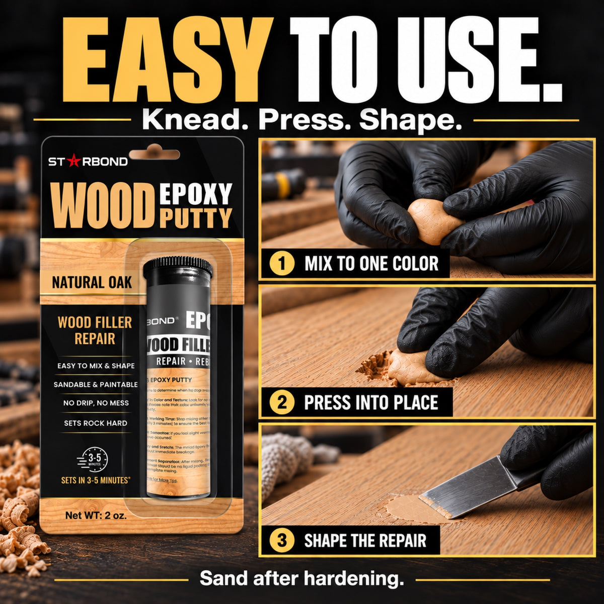 Starbond Natural Oak epoxy putty. Easy to Use infographic illustrating mixing, pressing and shaping a repair.